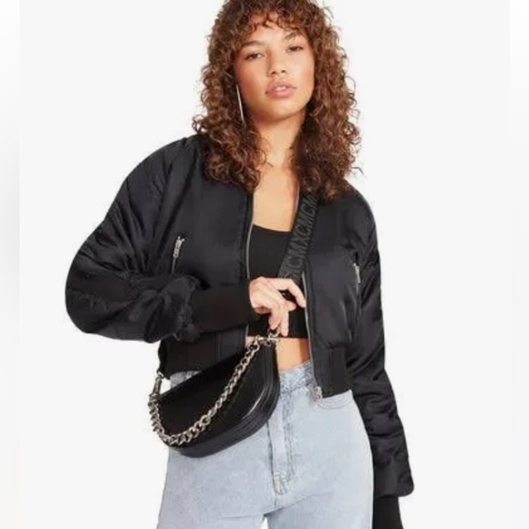 Steve Madden Eva black bomber zipper jacket gathered sleeves cropped Small NEW - Picture 2 of 7